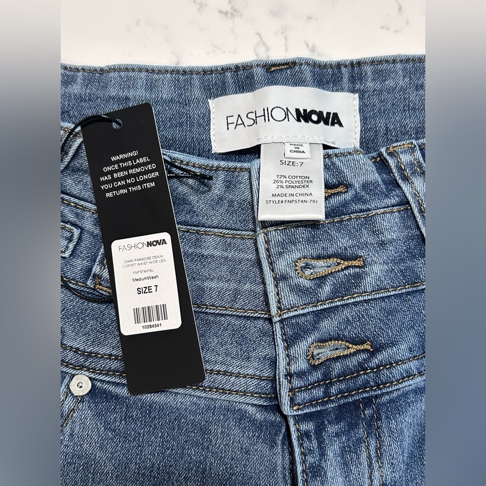 ❥𝖥𝖠𝖲𝖧𝖨𝖮𝖭𝗡𝗢𝗩𝗔: Dark Paradise Denim Corset Waist Wide Leg Jeans - Medium Wash - Picture 6 of 7
